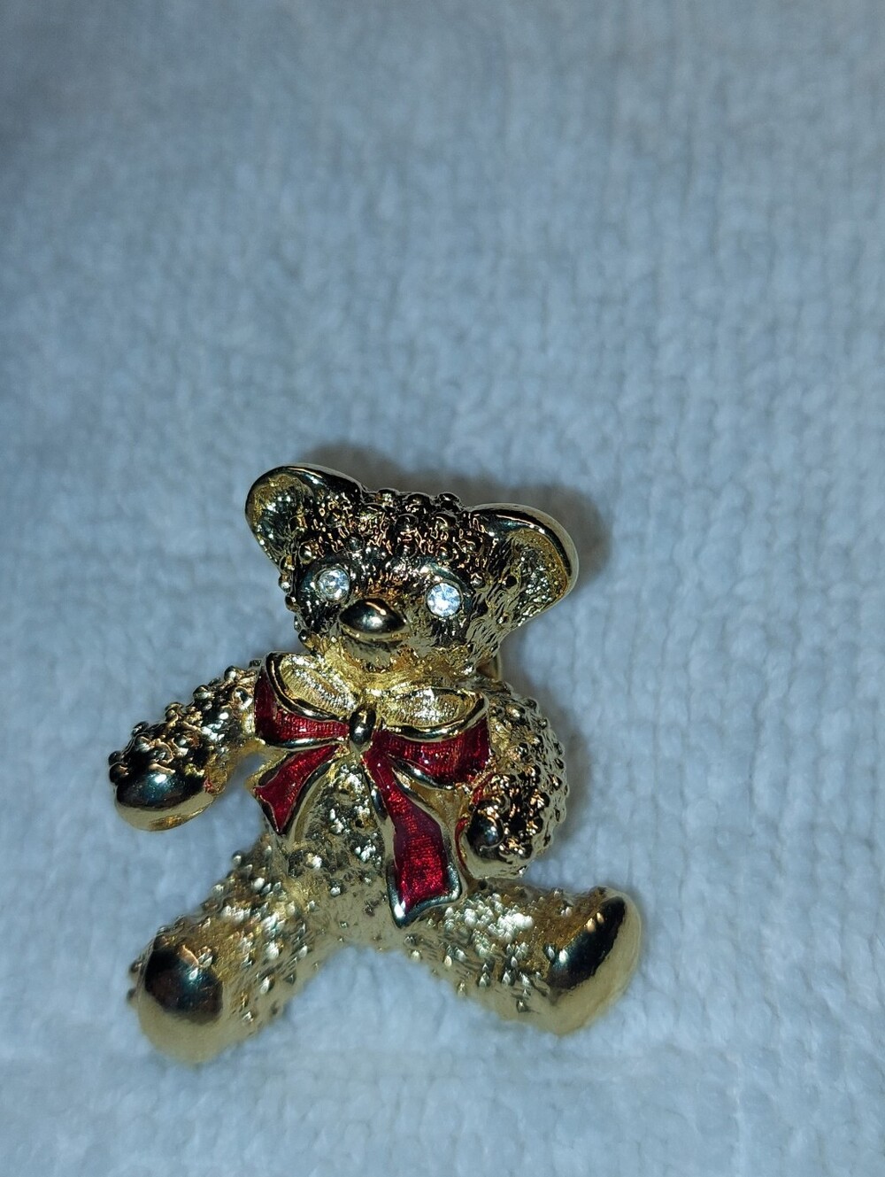 Gold Teddy Bear Brooch with Red Bow - Women's Jewelry